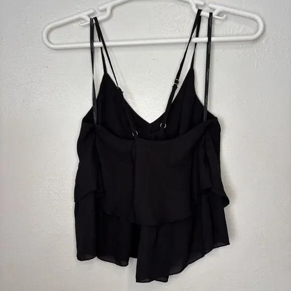 Marc New York Women's Large Black Cropped Top Adj Spaghetti Strap Tiered Flowy - Picture 2 of 4